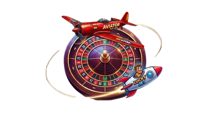 아비에이터(Aviator)와 럭키제트(Lucky Jet) 비행기가 카지노 룰렛을 중심으로 회전하는 온라인 카지노 크래쉬 게임 이미지